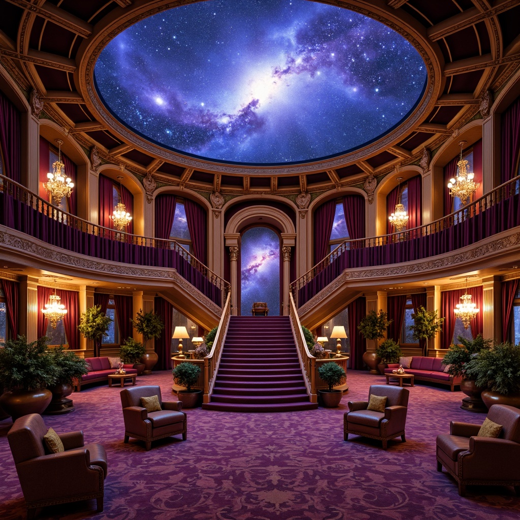 Prompt: Luxurious planetarium interior, rich velvet drapes, ornate wooden paneling, intricate carvings, gilded accents, crystal chandeliers, tufted leather armchairs, polished bronze fixtures, celestial-themed upholstery, starry night sky projections, warm golden lighting, dramatic archways, grandiose staircase, opulent furnishings, regal purple hues, lavish textiles, intricate patterns, 1/2 composition, soft focus, atmospheric mist.