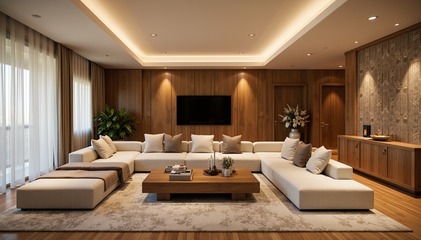 Prompt: Luxurious living room, rich wood paneling, warm beige walls, soft creamy textures, elegant crown molding, sophisticated wallpaper patterns, subtle sheen finishes, modern minimalist decor, sleek metal accents, ambient LED lighting, 1/1 composition, shallow depth of field, realistic reflections, detailed normal maps.