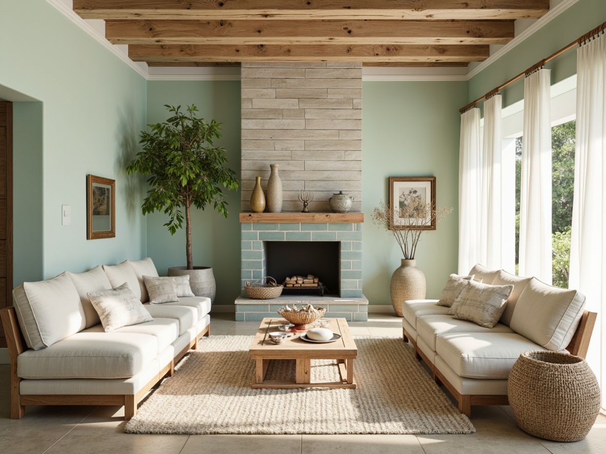 Prompt: Driftwood accents, weathered wooden planks, soft seafoam green walls, creamy white trim, natural fiber rugs, woven jute textures, coral-inspired patterns, ocean-blue glass tiles, distressed metal fixtures, reclaimed wood furniture, linen-upholstered sofas, billowy white curtains, warm sandy beige flooring, shells and pebbles decorative accents, sunny coastal morning light, soft focus photography, 1/1 composition, natural ambiance, subtle color palette.