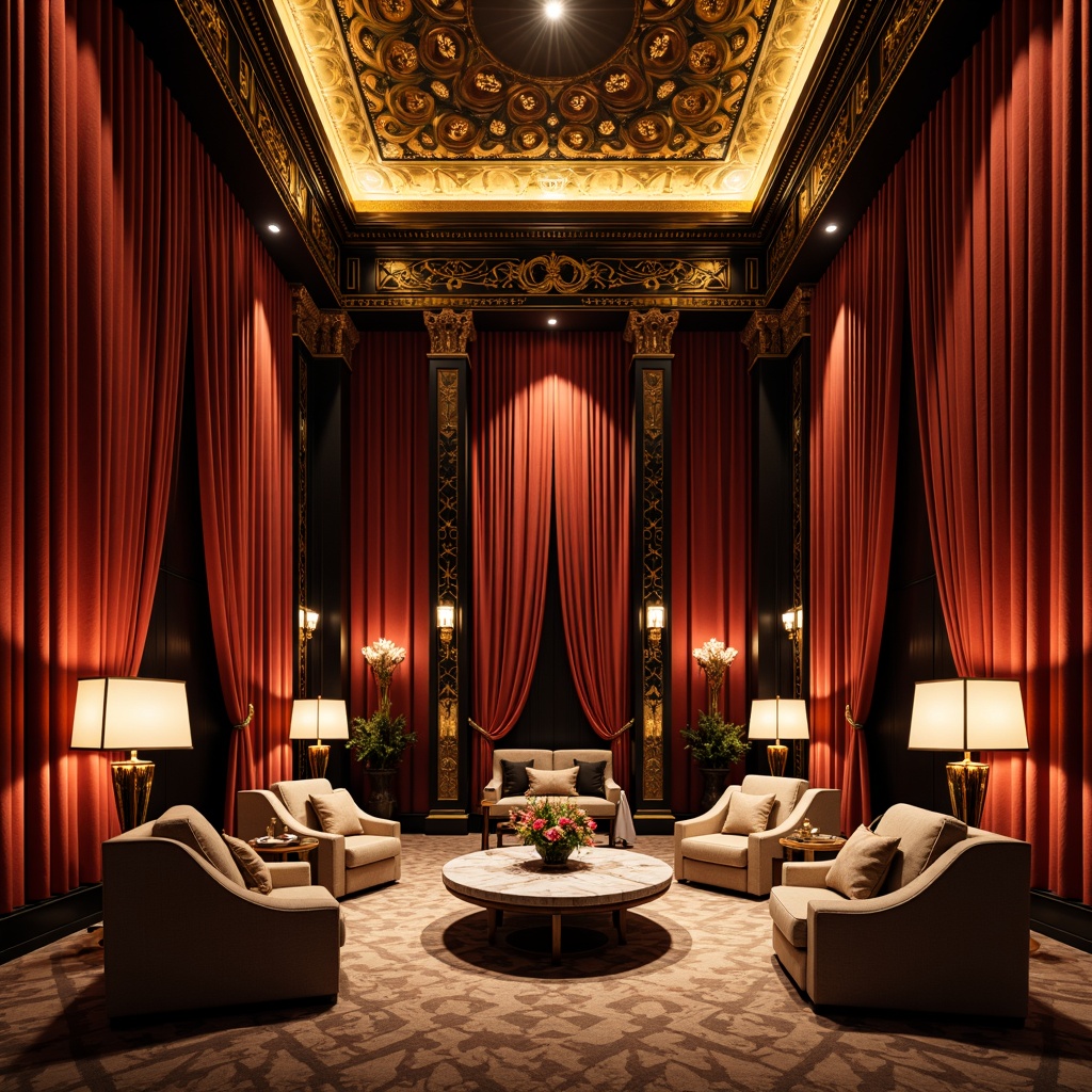 Prompt: Luxurious cinema interior, ornate decorations, rich velvet curtains, golden accents, metallic chrome details, geometric patterns, symmetrical compositions, high-contrast lighting, cinematic spotlighting, elegant furniture pieces, curved sofas, tufted armchairs, marble coffee tables, lavish drapery, intricate moldings, luxurious textiles, bold color schemes, opulent materials, glamorous ambiance, 1920s-inspired aesthetic, nostalgic film noir atmosphere, warm golden lighting, low-key shadows, cinematic framing, ornate camera angles.