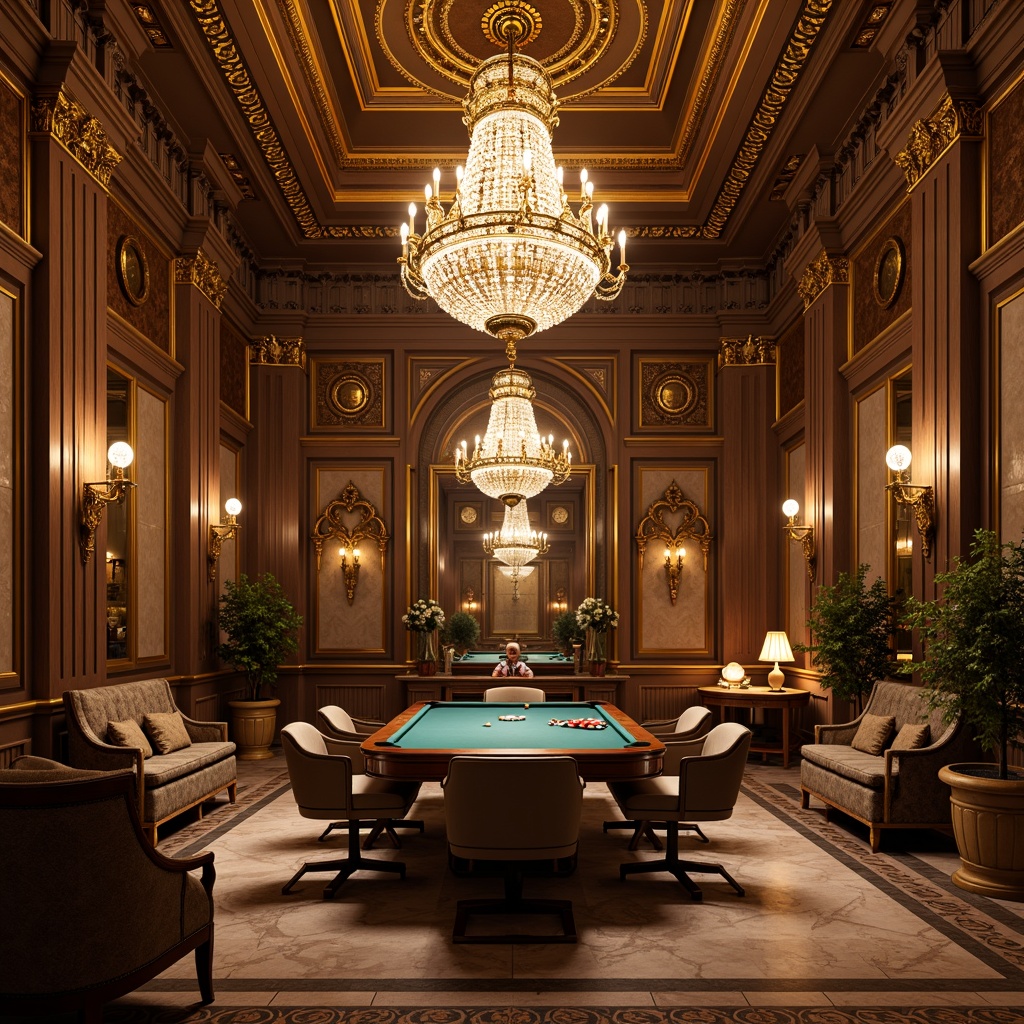 Prompt: Ornate game room, neoclassical style, grand chandeliers, crystal drops, warm golden lighting, softbox diffusers, LED strip accents, high ceilings, marble floors, intricate moldings, rich wood paneling, ornate mirrors, lavish furniture, luxurious fabrics, regal color palette, dramatic shadows, 3-point lighting setup, cinematic camera angles, symmetrical composition, realistic reflections, ambient occlusion.