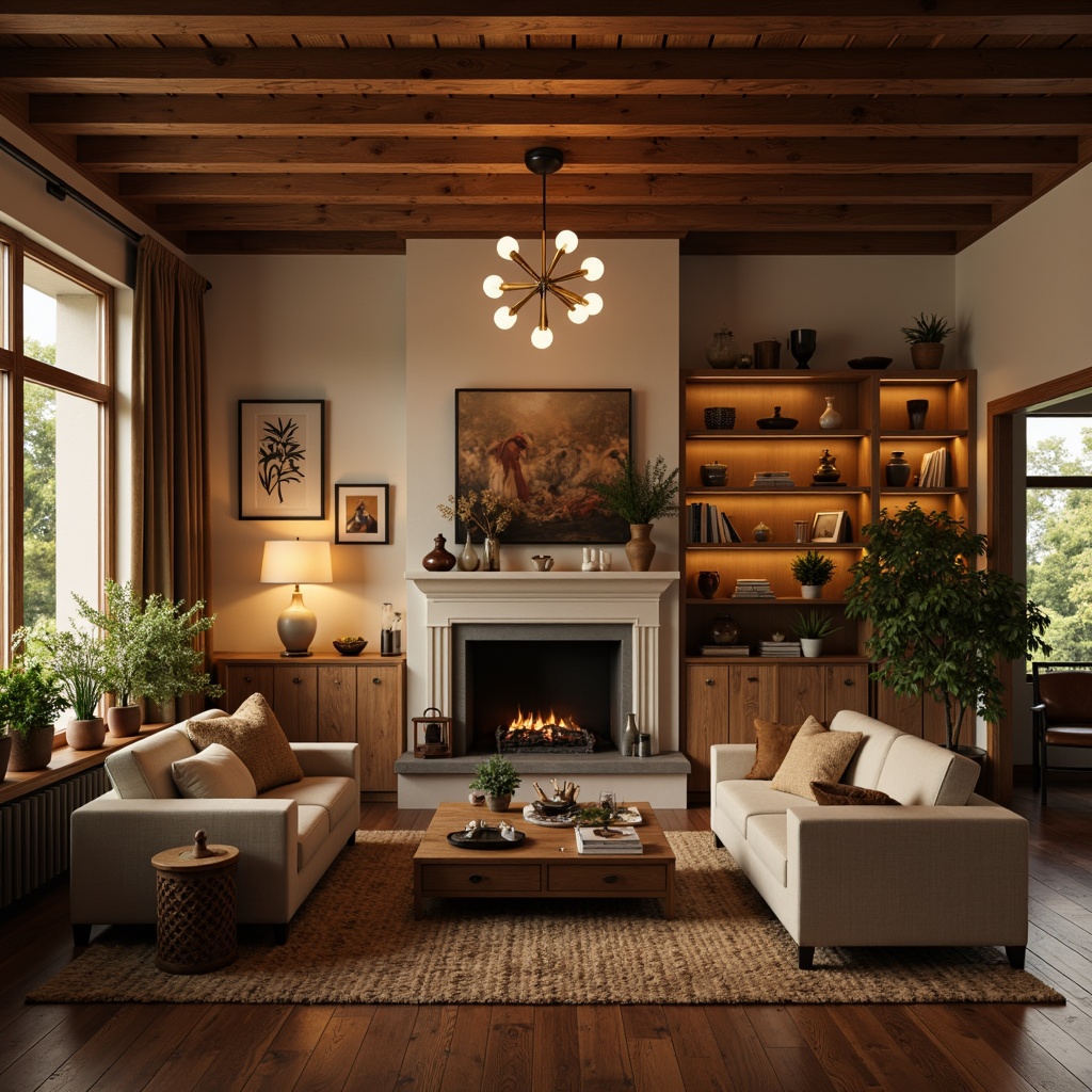 Prompt: Warm mid-century modern living room, wooden furniture, vintage decor, natural textiles, earthy color palette, table lamps, floor lamps, pendant lights, sputnik chandeliers, geometric patterns, brass accents, soft warm glow, cozy atmosphere, layered lighting, 3/4 composition, shallow depth of field, realistic textures, ambient occlusion.