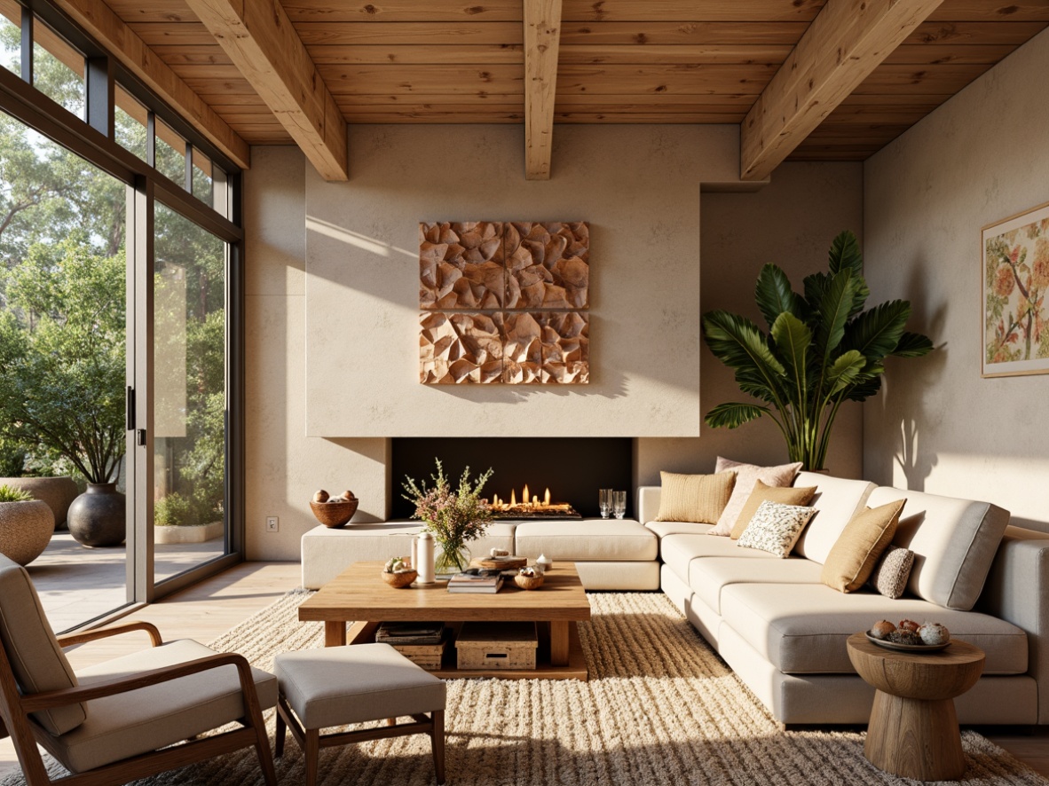 Prompt: Cozy living room, textured walls, natural stone accents, warm beige tones, soft cream colors, earthy terracotta hues, organic shapes, 3D geometric patterns, raised stucco finishes, rustic wooden furniture, plush area rugs, abundant greenery, floor-to-ceiling windows, warm ambient lighting, shallow depth of field, 1/2 composition, realistic textures, subtle color gradations.