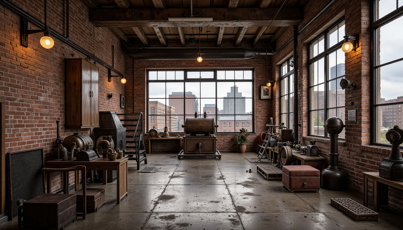 Prompt: Rustic industrial building, exposed brick walls, metal beams, reclaimed wood floors, distressed concrete textures, vintage factory equipment, antique machinery parts, metal grated stairs, Edison bulb lighting, urban cityscape background, cloudy grey sky, warm natural lighting, shallow depth of field, 1/1 composition, realistic rust and decay effects, ambient occlusion.