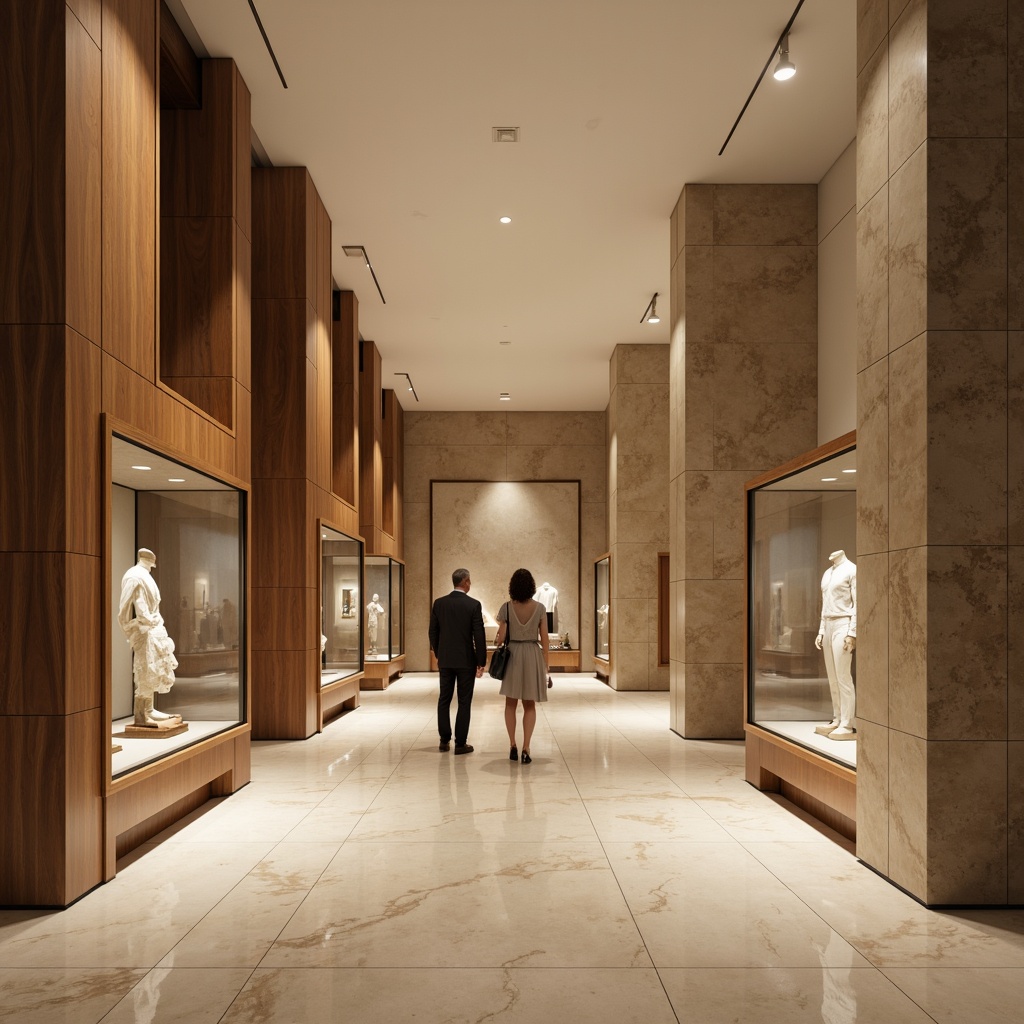 Prompt: Elegant museum interior, neutral beige walls, rich walnut wood accents, polished marble floors, soft warm lighting, subtle texture contrasts, minimal ornamentation, modern display cases, sleek metal frames, gentle color transitions, earthy tone palette, natural stone columns, grand high ceilings, dramatic verticality, atmospheric misting, soft focus photography, 1/2 composition, symmetrical balance, realistic material renderings.