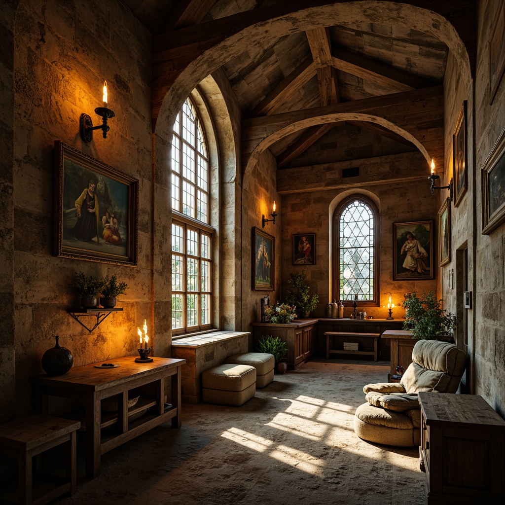 Prompt: Ancient monastery, rustic stone walls, vaulted ceilings, ornate wooden accents, distressed textures, warm candlelight, dimly lit corridors, spiritual ambiance, natural materials, earthy color palette, moss-covered stones, aged wood furniture, intricate carvings, symbolic murals, stained glass windows, grand archways, mysterious alcoves, soft golden lighting, high contrast shadows, 1/2 composition, dramatic focal point, realistic render.