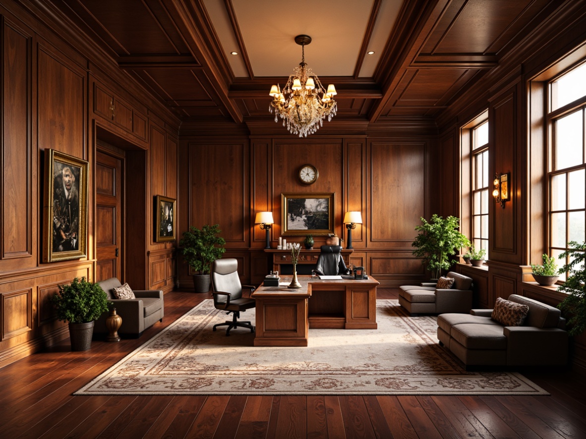 Prompt: Luxurious wooden flooring, richly stained paneling, ornate moldings, lavish chandeliers, plush carpets, comfortable ergonomic chairs, stately executive desks, elegant marble countertops, refined metal hardware, sophisticated wall art, classic clock fixtures, warm ambient lighting, softbox windows, 1/1 composition, shallow depth of field, realistic textures, subtle reflections.