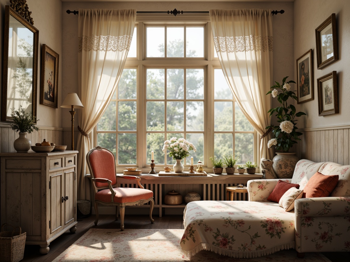 Prompt: Distressed wooden furniture, soft pastel hues, vintage floral patterns, lace curtains, ornate metal frames, distressed finishes, antique accessories, feminine silhouettes, rustic textures, warm candlelight, soft focus, shallow depth of field, 1/1 composition, romantic ambiance, whimsical details, elegant ornaments, luxurious fabrics, subtle sheen.