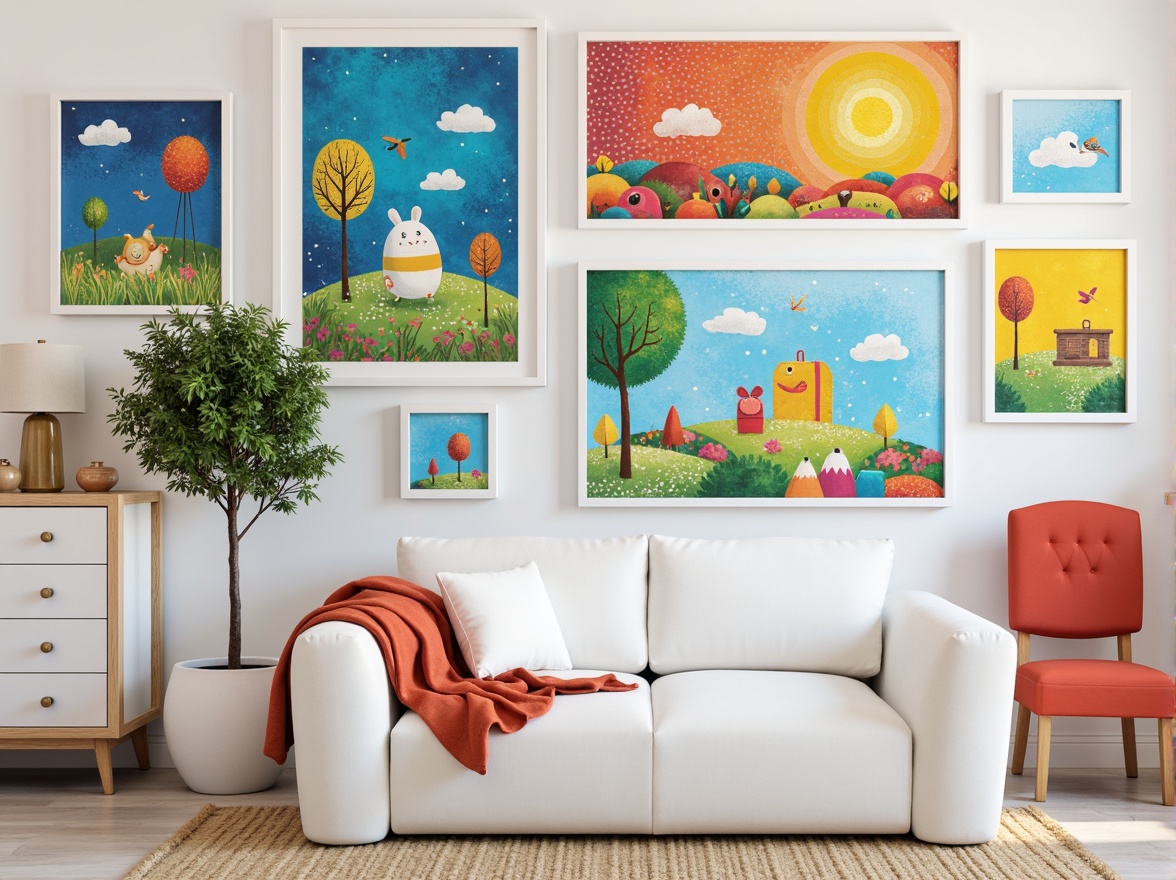 Prompt: Vibrant kids' room wall art, whimsical expressionist style, bold brushstrokes, bright colors, playful polka dots, fantastical creatures, imaginative landscapes, dreamy clouds, sunny skies, happy trees, colorful balloons, confetti-inspired patterns, textured canvases, modern frame designs, white matte finishes, gallery-style arrangements, eclectic mix of shapes and sizes, fun and lively atmosphere, soft warm lighting, shallow depth of field.