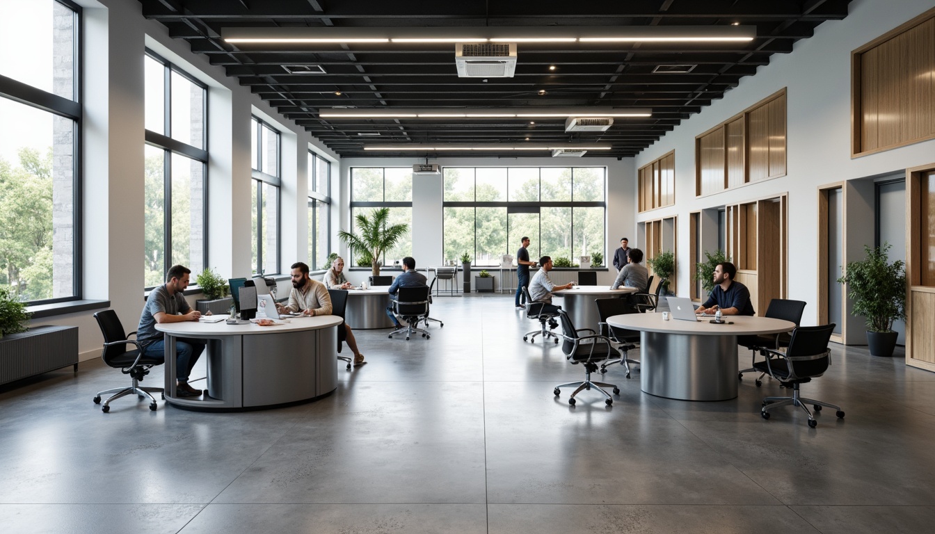 Prompt: Open-plan office space, minimalist decor, sleek metal desks, ergonomic chairs, ample natural light, floor-to-ceiling windows, collaborative workstations, circular meeting tables, acoustic panels, neutral color scheme, polished concrete floors, modern LED lighting, 3/4 composition, shallow depth of field, realistic textures, ambient occlusion.