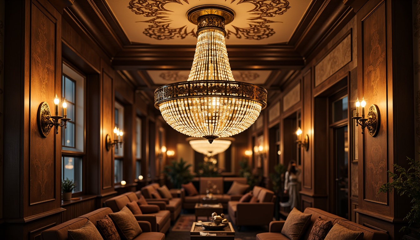 Prompt: Elegant chandelier, ornate metalwork, crystal droplets, warm golden lighting, rich wood tones, classic furnishings, opulent fabrics, luxurious textures, intricate carvings, vintage decor, distressed finishes, soft warm glow, ambient illumination, 1/1 composition, realistic renderings, subtle shading.