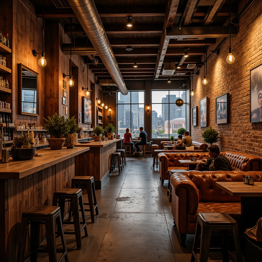 Prompt: Industrial-chic bar interior, distressed leather sofas, vintage metal stools, reclaimed wood accents, exposed brick walls, concrete floors, metallic lighting fixtures, Edison bulbs, urban cityscape views, nighttime ambiance, warm golden lighting, shallow depth of field, 1/1 composition, realistic textures, ambient occlusion.