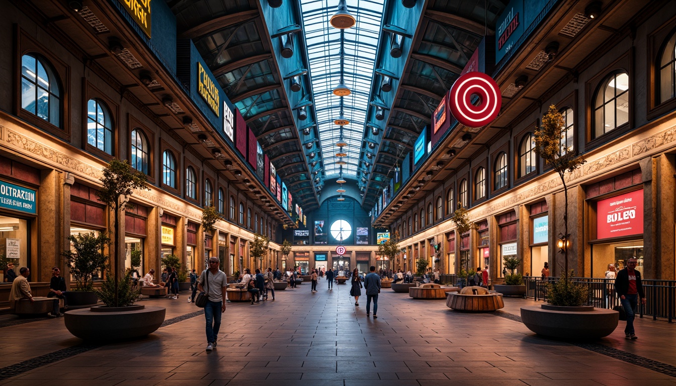 Prompt: Vibrant postmodern train station interior, eclectic mix of patterns, bold color schemes, ornate metalwork, grandiose chandeliers, dramatic archways, irregular shapes, playful use of neon lights, retro-futuristic elements, distressed textures, industrial materials, exposed ductwork, oversized clocks, dynamic LED displays, warm atmospheric lighting, moody shadows, 1/2 composition, low-angle shot, cinematic mood, realistic reflections.