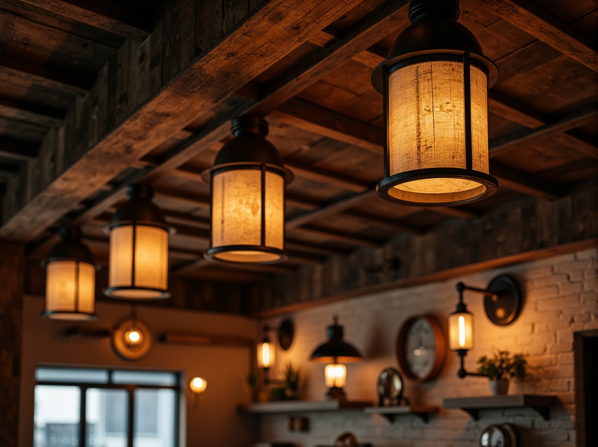 Prompt: Rustic wooden ceiling, distressed metal lanterns, warm candlelight, cozy pendant lamps, natural linen shades, earthy terracotta tones, vintage industrial fixtures, exposed brick walls, reclaimed wood accents, soft warm glow, afternoon sunlight, shallow depth of field, 1/1 composition, intimate atmosphere, realistic textures, ambient occlusion.