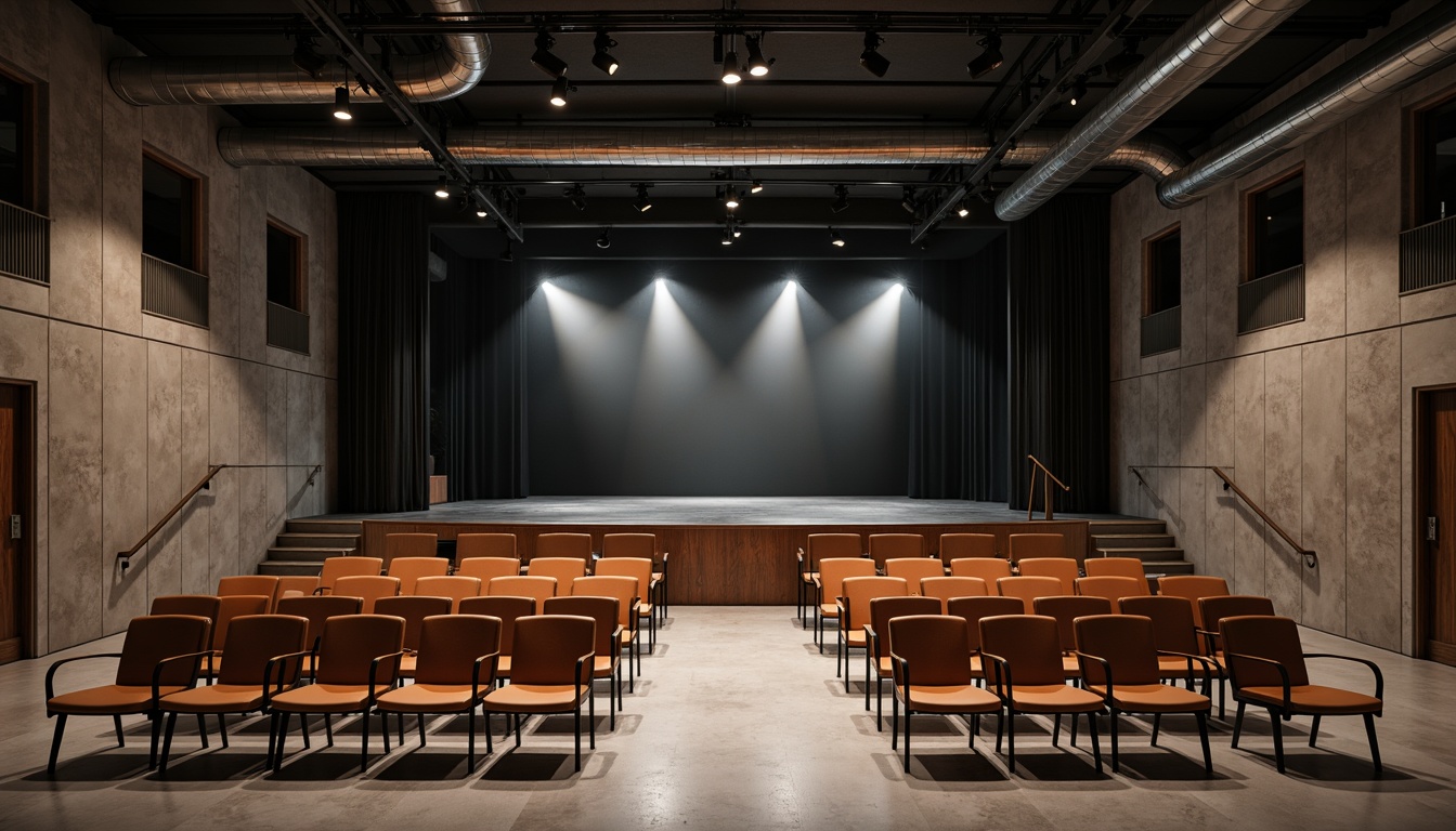 Prompt: Minimalist theater interior, geometric seating arrangement, bold colored chairs, tubular steel frames, leather upholstery, industrial flooring, exposed ductwork, concrete walls, functional lighting fixtures, dramatic spotlights, low ceilings, intimate performance space, rectangular stage, subtle curve lines, art deco influences, 1920s avant-garde aesthetics, rustic wooden accents, metallic trim details, monochromatic color scheme, high contrast shadows, 1/2 composition, symmetrical framing, cinematic atmosphere.