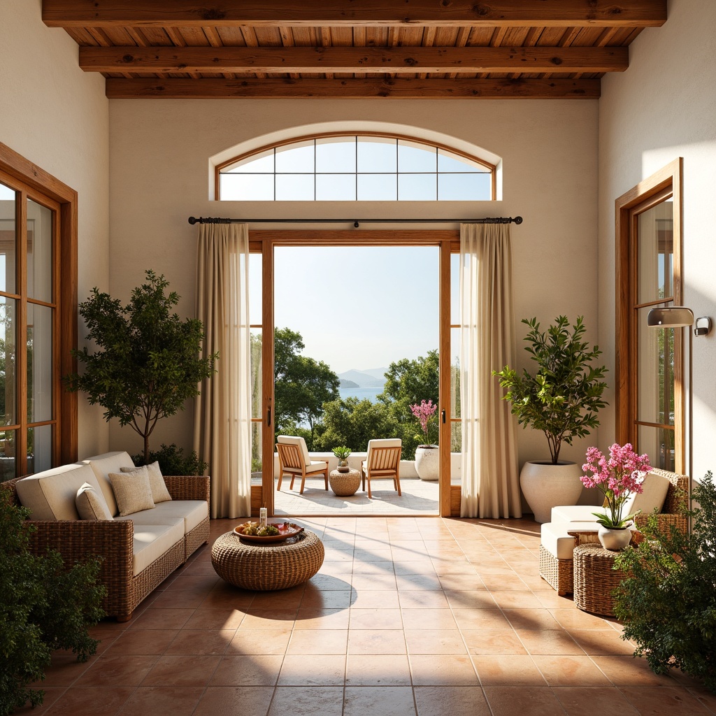 Prompt: Warm Mediterranean interior, large windows, sliding glass doors, bright natural light, soft warm illumination, gentle shadows, creamy white walls, rustic wooden accents, woven wicker furniture, earthy terracotta flooring, lush greenery, potted plants, fresh flowers, airy atmosphere, relaxed ambiance, shallow depth of field, 1/1 composition, realistic textures, ambient occlusion.