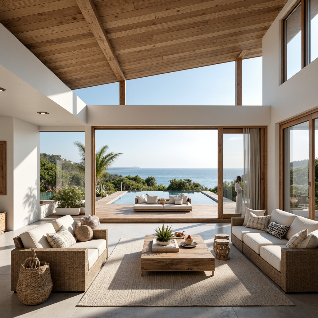 Prompt: Breezy coastal villa, open layout concept, airy interior spaces, minimalist decor, natural wood accents, beach-inspired color palette, light-filled living areas, floor-to-ceiling windows, sliding glass doors, ocean views, outdoor seating areas, weathered wooden decks, driftwood furniture, nautical-themed accessories, soft blue-green hues, warm sunny days, shallow depth of field, 1/1 composition, panoramic view, realistic textures, ambient occlusion.