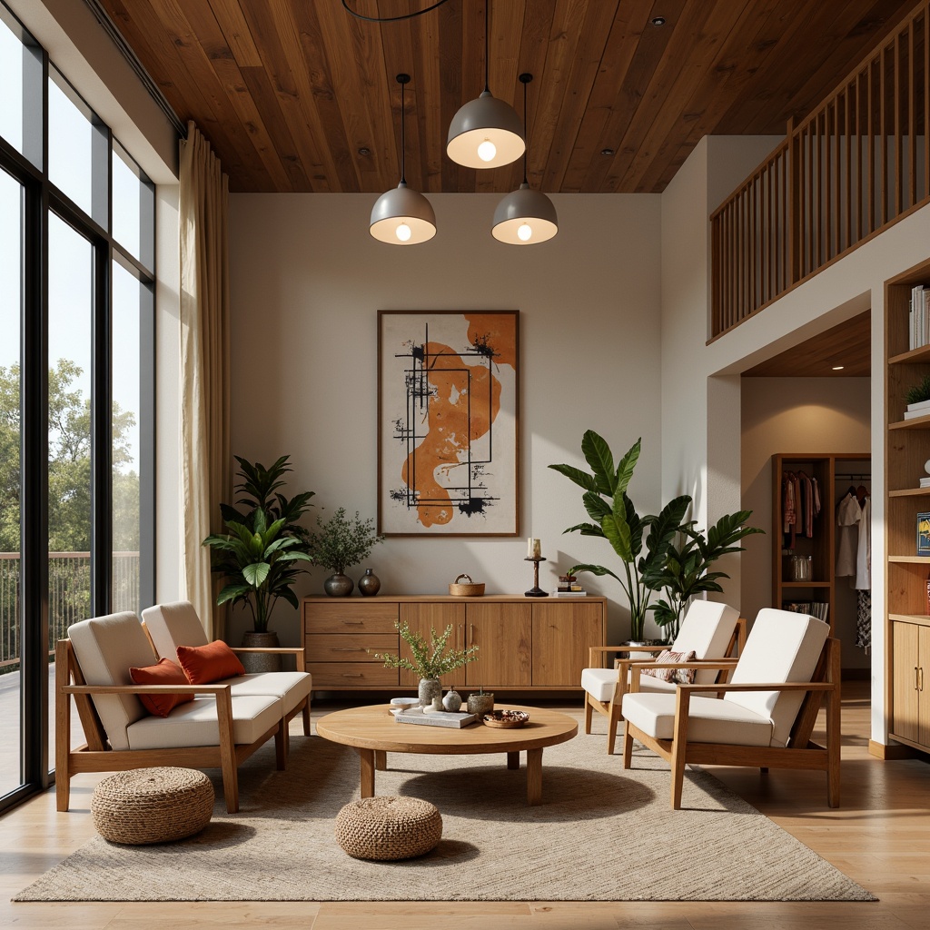 Prompt: Mid-century modern interior, sleek wooden furniture, geometric patterns, retro-inspired color palette, statement lighting fixtures, abstract artwork, natural textiles, woven baskets, potted plants, minimalist decor, organic shapes, earthy tones, warm ambient lighting, shallow depth of field, 1/1 composition, soft focus, realistic textures.