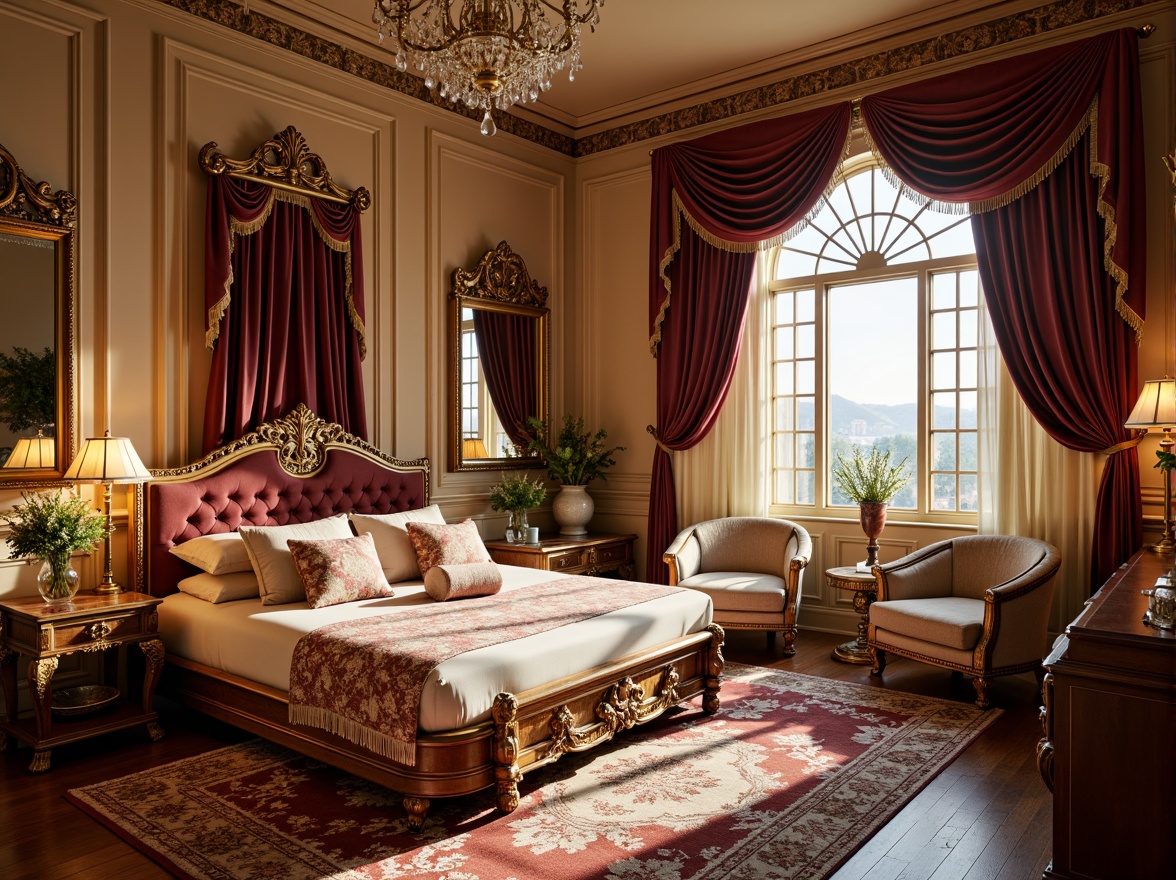 Prompt: Luxurious boudoir, ornate gold accents, delicate floral patterns, soft velvet fabrics, intricately carved wooden furniture, curved lines, Rococo-inspired mirrors, crystal chandeliers, plush area rugs, rich jewel-toned colors, lavish drapery, tassel details, feminine touches, intimate ambiance, warm golden lighting, shallow depth of field, 1/1 composition, realistic textures, ambient occlusion.