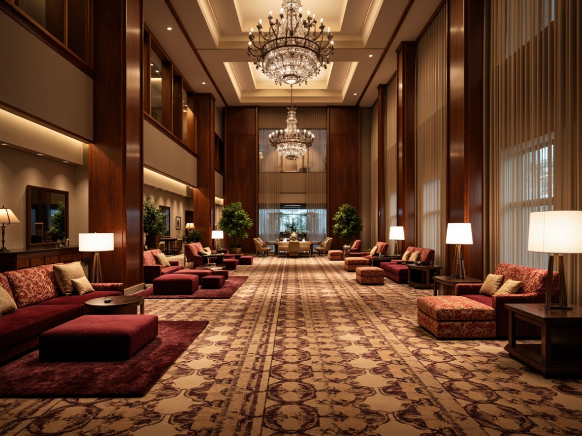 Prompt: Luxurious hotel lobby, plush carpeting, velvety sofas, rich wood accents, metallic lighting fixtures, grand chandeliers, elegant drapery, soft velvet upholstery, intricate patterns, subtle sheen, natural fibers, durable materials, stain-resistant treatments, acoustic comfort, ambient warmth, inviting ambiance, relaxing atmosphere, 3/4 composition, shallow depth of field, warm color palette.