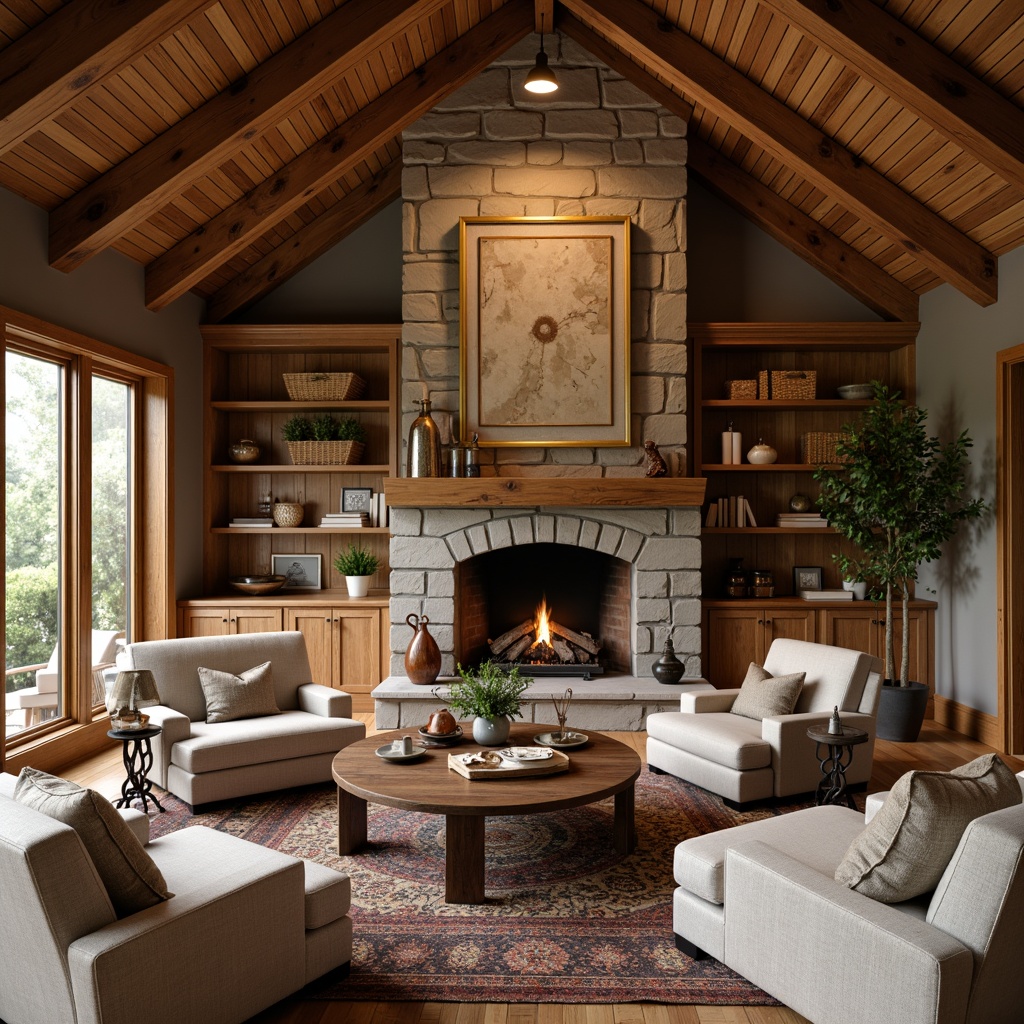 Prompt: Cozy living room, wooden accents, earthy tones, plush furnishings, vintage decorative items, rustic wooden coffee table, comfortable oversized armchairs, warm textiles, woven baskets, natural stone fireplace, traditional craftsman style, built-in wooden shelves, soft warm lighting, inviting atmosphere, 1/1 composition, shallow depth of field, realistic wood textures.