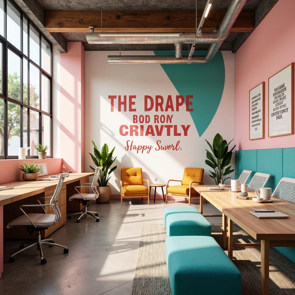 Prompt: Vibrant modern design studio, sleek wooden desks, ergonomic chairs, inspirational quotes, artistic wall art, pastel color scheme, soft pink accents, creamy white backgrounds, rich turquoise highlights, bold font typography, natural light pouring in, shallow depth of field, 1/1 composition, warm atmospheric lighting.