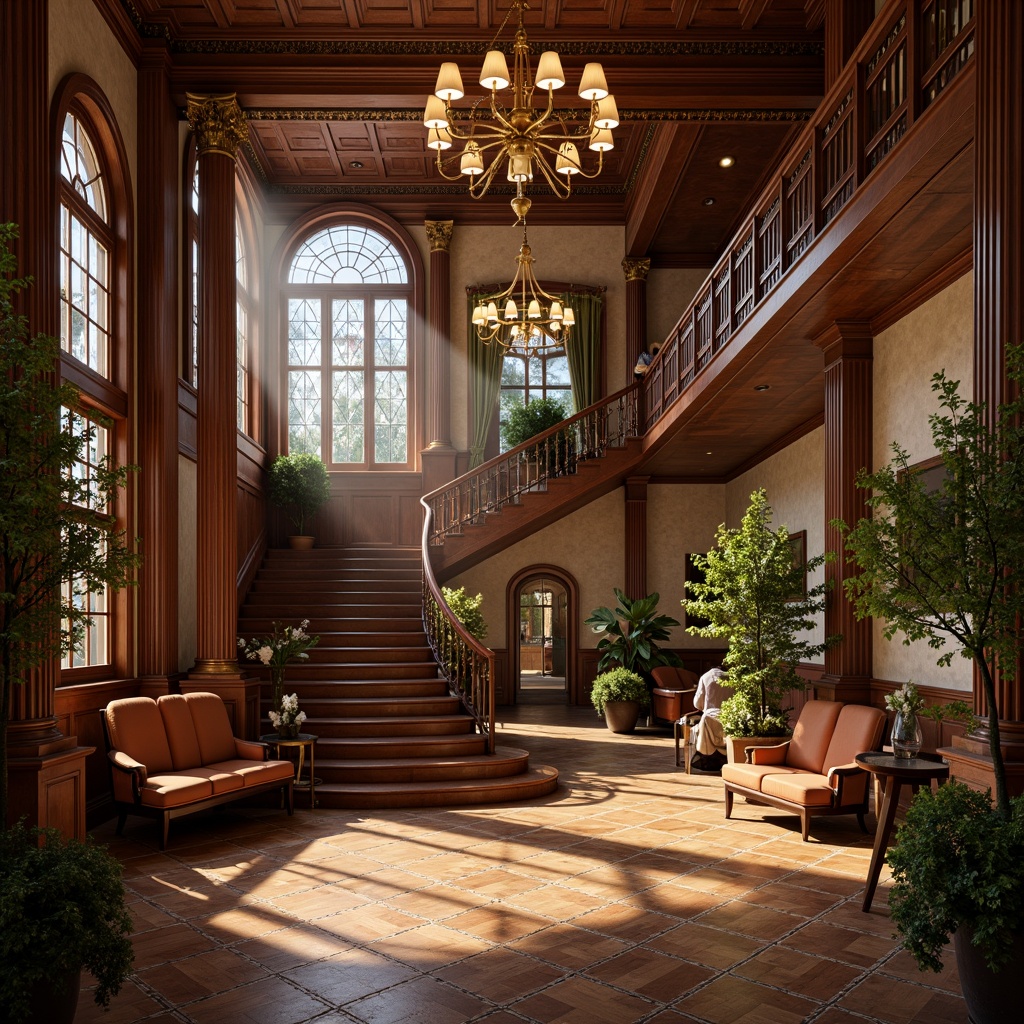 Prompt: Intricate wooden parquet flooring, rich walnut tones, ornate patterns, grand staircase, opulent chandeliers, lavish furnishings, stately columns, high ceilings, stained glass windows, natural light pouring in, warm golden lighting, soft focus, shallow depth of field, 1/2 composition, symmetrical framing, detailed textures, ambient occlusion.