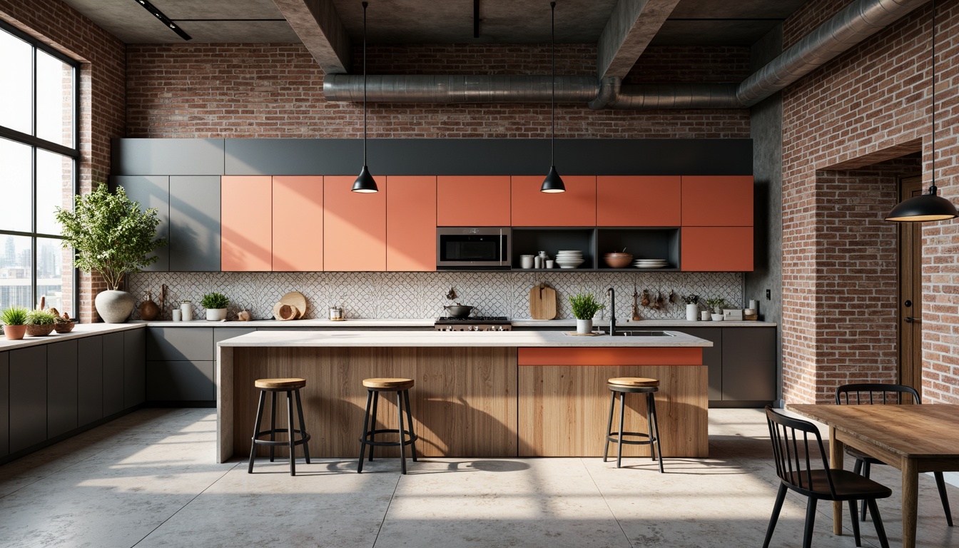 Prompt: Clean-lined kitchen island, functional handles, minimalist cabinets, industrial-style lighting fixtures, exposed brick walls, polished concrete floors, geometric patterned tiles, bold color accents, ergonomic countertops, built-in appliances, modular shelving units, open storage systems, Scandinavian-inspired wood tones, matte black metal frames, urban loft atmosphere, natural light pouring in, shallow depth of field, 1/1 composition, symmetrical framing.