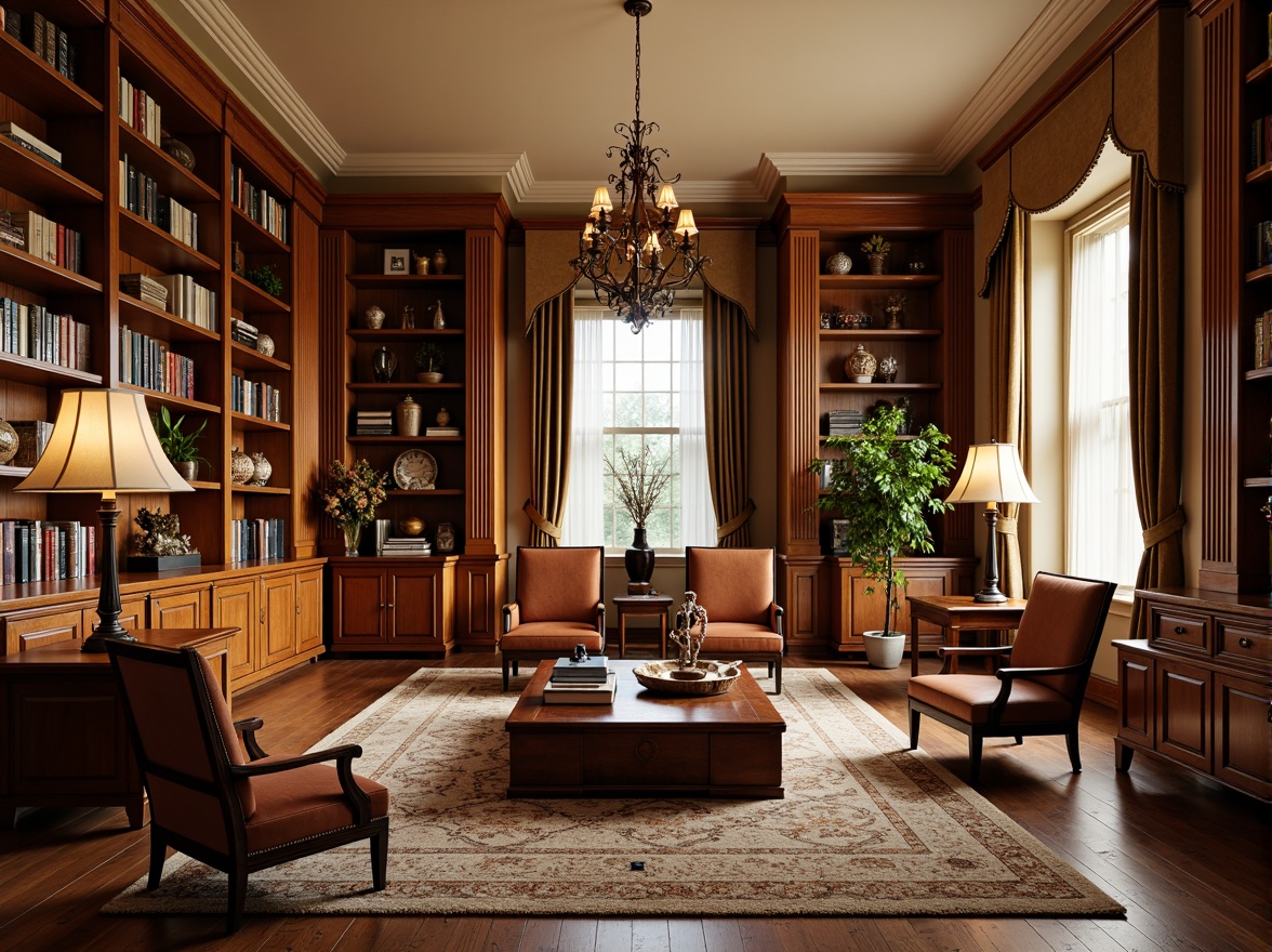 Prompt: Rich wood tones, ornate furnishings, luxurious fabrics, classic bookshelves, leather-bound books, vintage desk lamps, antique decorative items, warm beige walls, plush area rugs, elegant crown molding, traditional window treatments, sophisticated color palette, soft warm lighting, shallow depth of field, 1/2 composition, realistic textures, ambient occlusion.