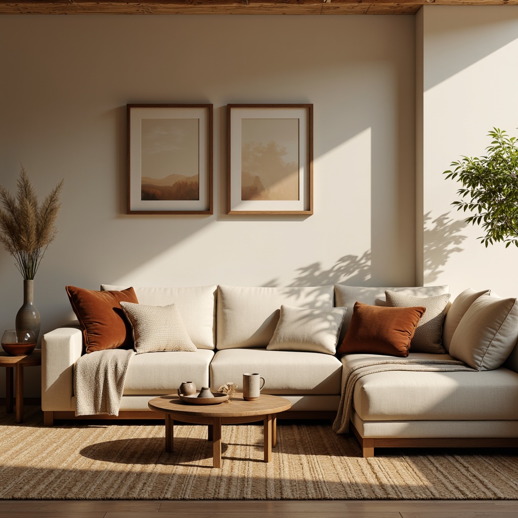 Prompt: Cozy living room, plush throw blankets, soft velvet pillows, warm beige walls, comfortable sectional sofas, natural wood coffee tables, woven jute rugs, earthy tone ceramics, subtle patterned fabrics, calming atmosphere, softbox lighting, 1/1 composition, intimate setting, realistic textures, ambient occlusion.