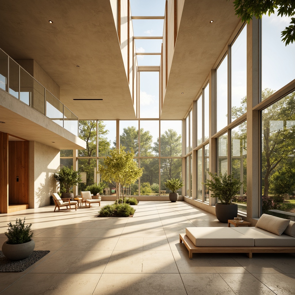 Prompt: Vibrant sunlit rooms, large windows, transparent glass walls, clerestory roofs, skylights, natural stone floors, minimalist decor, soft warm lighting, shallow depth of field, 3/4 composition, panoramic view, realistic textures, ambient occlusion, warm beige tones, earthy color palette, organic shapes, free-flowing spaces, open-plan layouts, fluid transitions, seamless connections, calming atmosphere, peaceful ambiance.