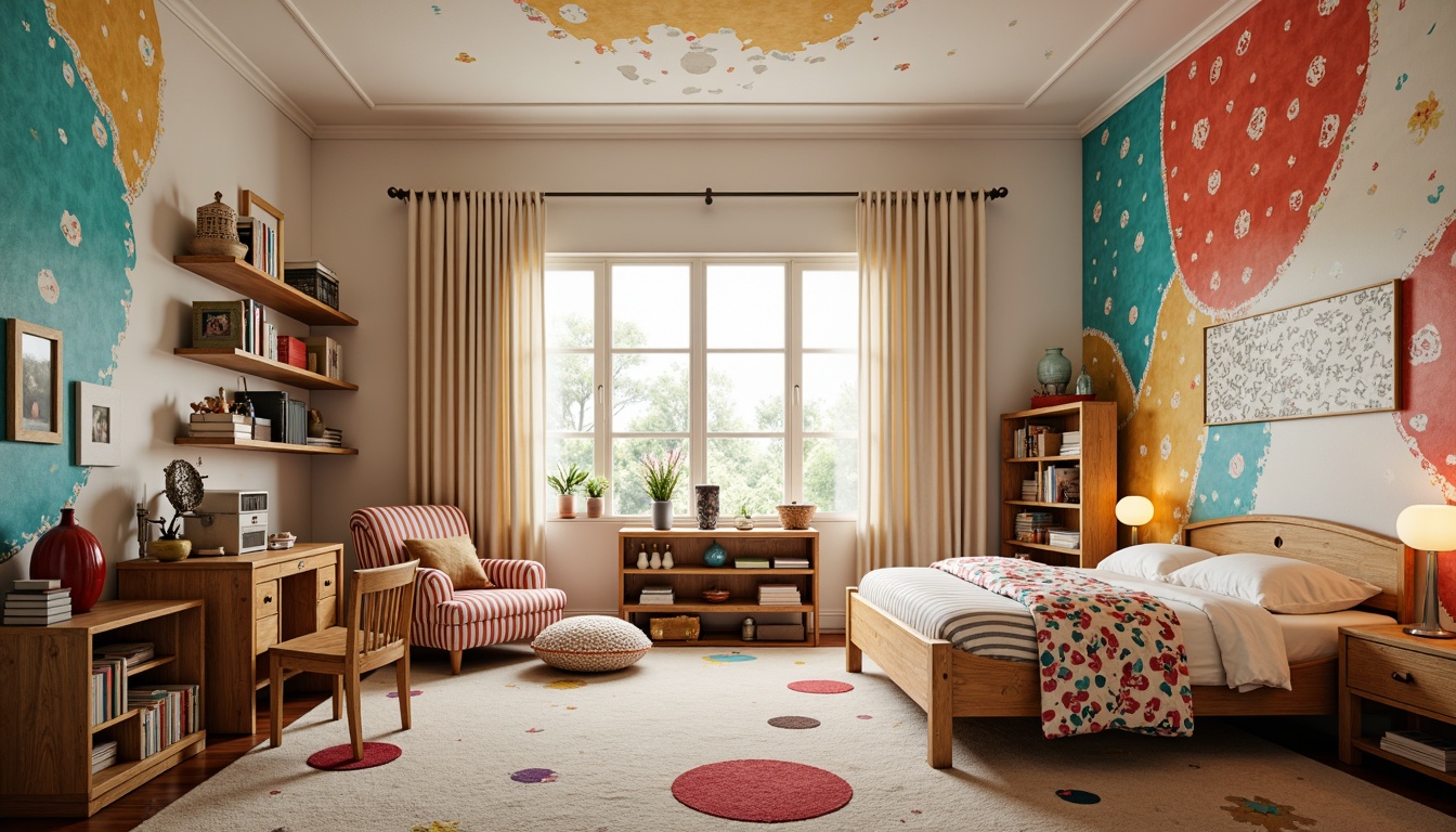 Prompt: Vibrant kids' bedroom, whimsical expressionist decor, colorful textile patterns, playful polka dots, swirling shapes, soft pastel hues, plush toys, cozy reading nooks, wooden furniture, distressed finishes, eclectic accessories, fantasy-inspired wall art, dreamy cloud ceilings, warm golden lighting, shallow depth of field, 1/2 composition, intimate atmosphere, realistic fabric textures.