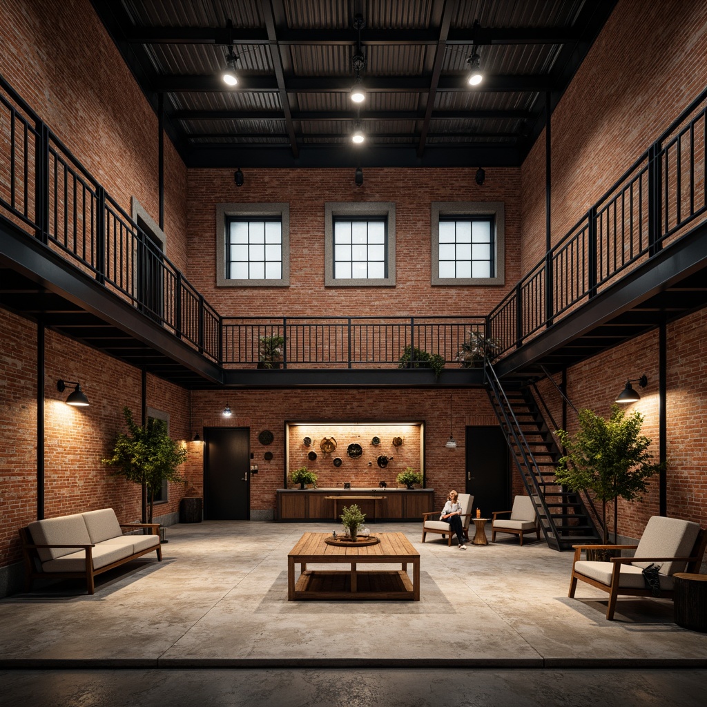 Prompt: Exposed brick walls, metal beams, industrial chic decor, dimmable LED lighting, spotlights on catwalks, high ceilings, reclaimed wood accents, distressed concrete floors, vintage factory windows, metal staircases, minimalist seating, urban aesthetic, dramatic shadows, warm color temperature, high contrast ratio, 3-point lighting setup, cinematic ambiance, realistic reflections, detailed textures.