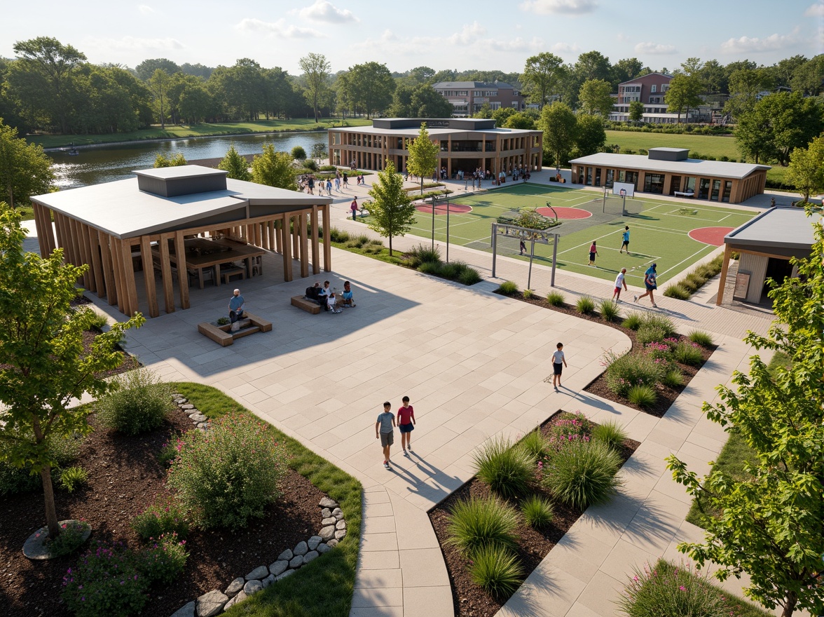 Prompt: Vibrant youth center, natural stone walls, wooden accents, green roofs, outdoor amphitheater, lush vegetation, blooming flowers, playground equipment, climbing frames, swings, slides, basketball courts, soccer fields, walking trails, serene water features, modern architecture, large windows, glass doors, sunny day, soft warm lighting, shallow depth of field, 3/4 composition, panoramic view, realistic textures, ambient occlusion.