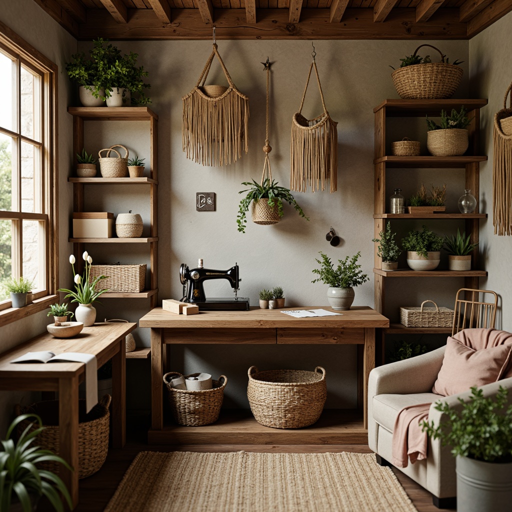 Prompt: Cozy craft room, rustic wooden furniture, woven baskets, vintage sewing machines, natural fiber textiles, earthy color palette, woven wall hangings, macrame plant holders, rattan storage bins, distressed wood accents, soft warm lighting, 3/4 composition, shallow depth of field, realistic textures, ambient occlusion.