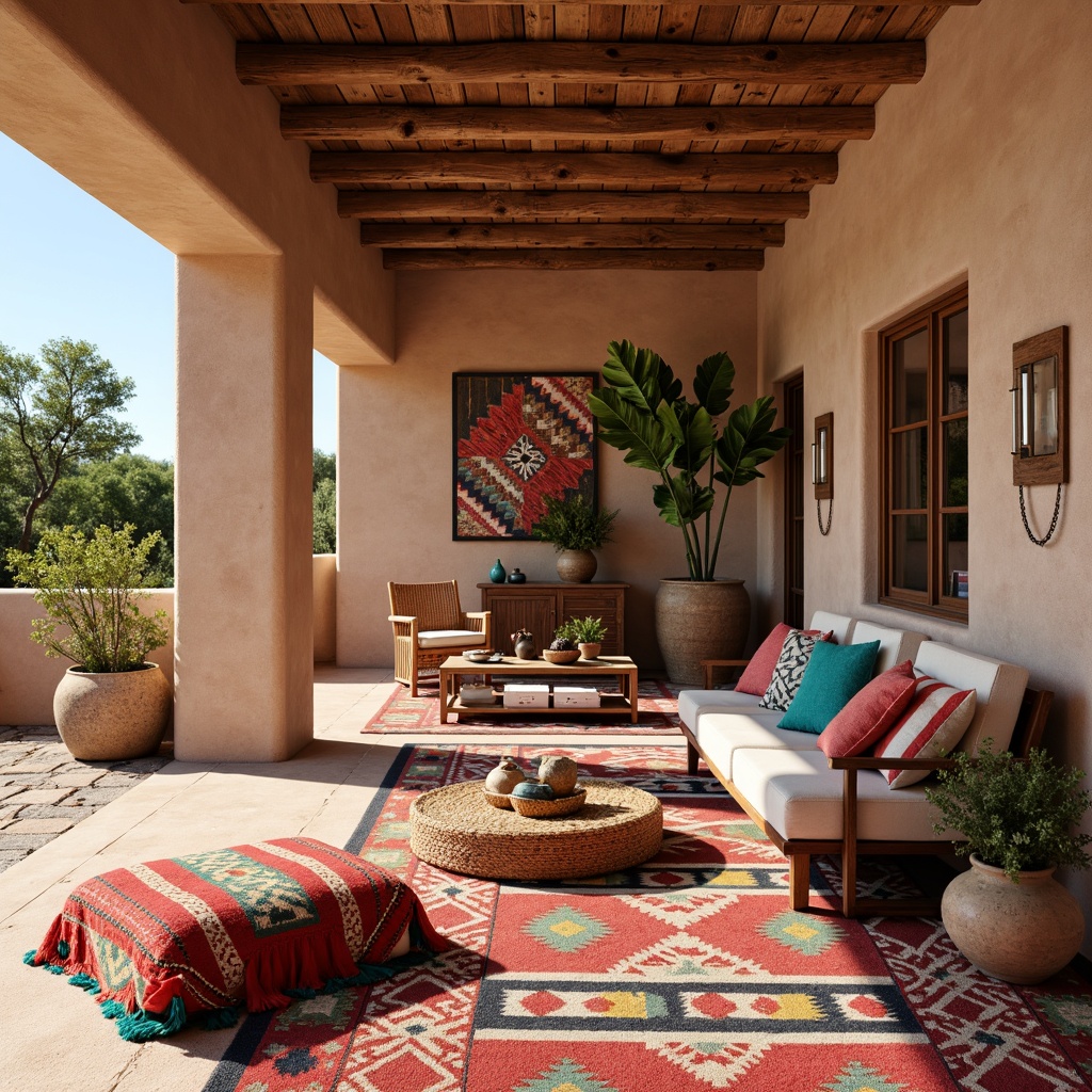 Prompt: Vibrant Southwestern-inspired interior, bold colorful textiles, geometric patterns, Navajo-inspired rugs, turquoise accents, rustic wooden furniture, natural stone walls, earthy tone color palette, warm desert lighting, shallow depth of field, 1/1 composition, realistic fabric textures, ambient occlusion, woven basket decorations, handmade ceramic vases, cacti and succulent arrangements, adobe-style architecture, warm sunny day, clear blue sky.