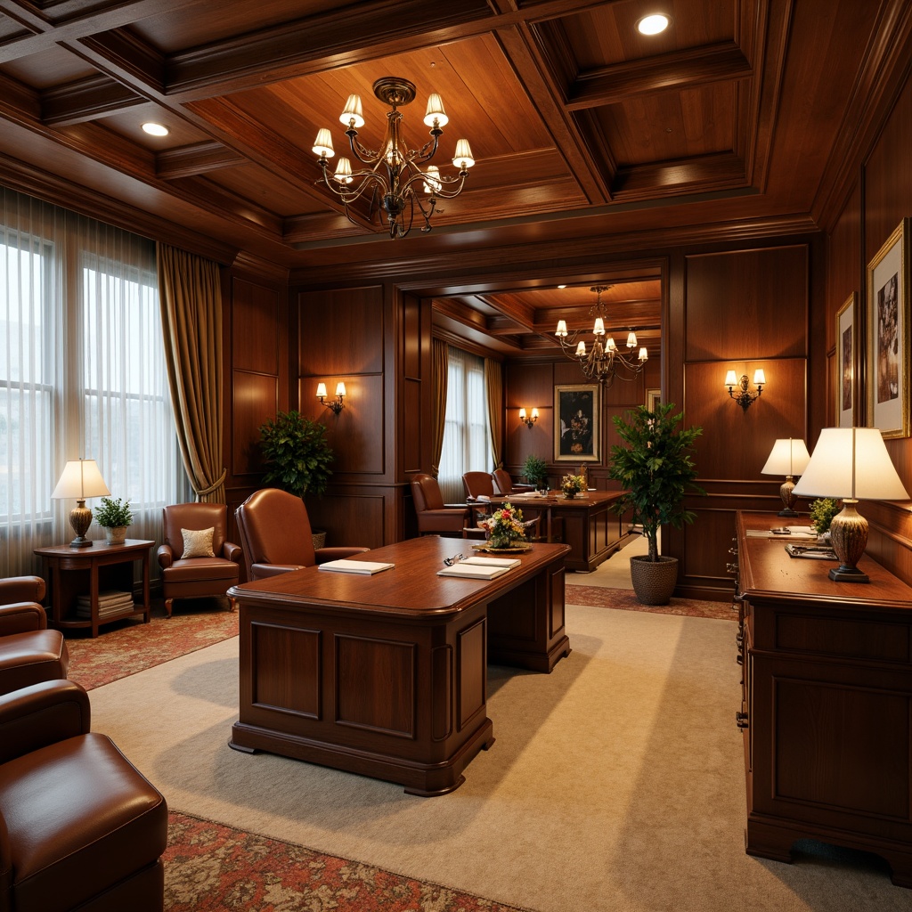 Prompt: Warm traditional office space, wooden desks, leather chairs, rich wood paneling, warm beige carpeting, softbox lighting, table lamps, floor lamps, warm white LED lights, coffered ceiling, decorative moldings, classic furniture pieces, comfortable atmosphere, natural daylight, sheer curtains, elegant chandeliers, subtle wall sconces, 1/1 composition, realistic textures, ambient occlusion.