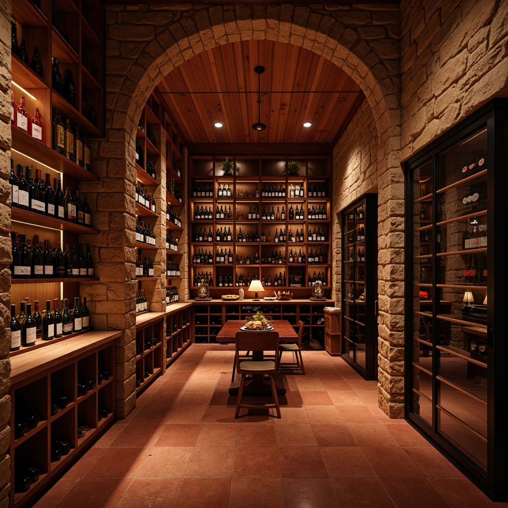 Prompt: Luxurious wine cellar, rich wood tones, earthy terracotta, deep crimson reds, warm golden lighting, rustic stone walls, dimly lit atmosphere, elegant metal racks, sophisticated glass enclosures, ambient shadows, soft focus, 1/2 composition, intimate mood, refined textures, subtle reflections.