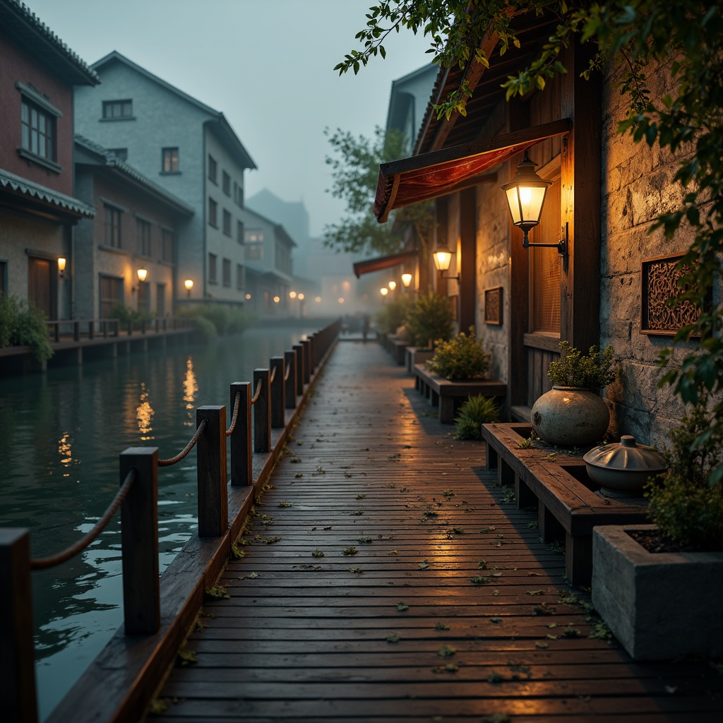 Prompt: Rustic wooden dock, vintage nautical elements, distressed finishes, mysterious lanterns, eerie fog, misty waterfront, weathered stone walls, overgrown vegetation, intricately carved wooden accents, ornate metal fixtures, rich velvet textiles, mysterious ancient artifacts, dimly lit atmosphere, warm golden lighting, shallow depth of field, 2/3 composition, cinematic angles, highly detailed textures, ambient occlusion.