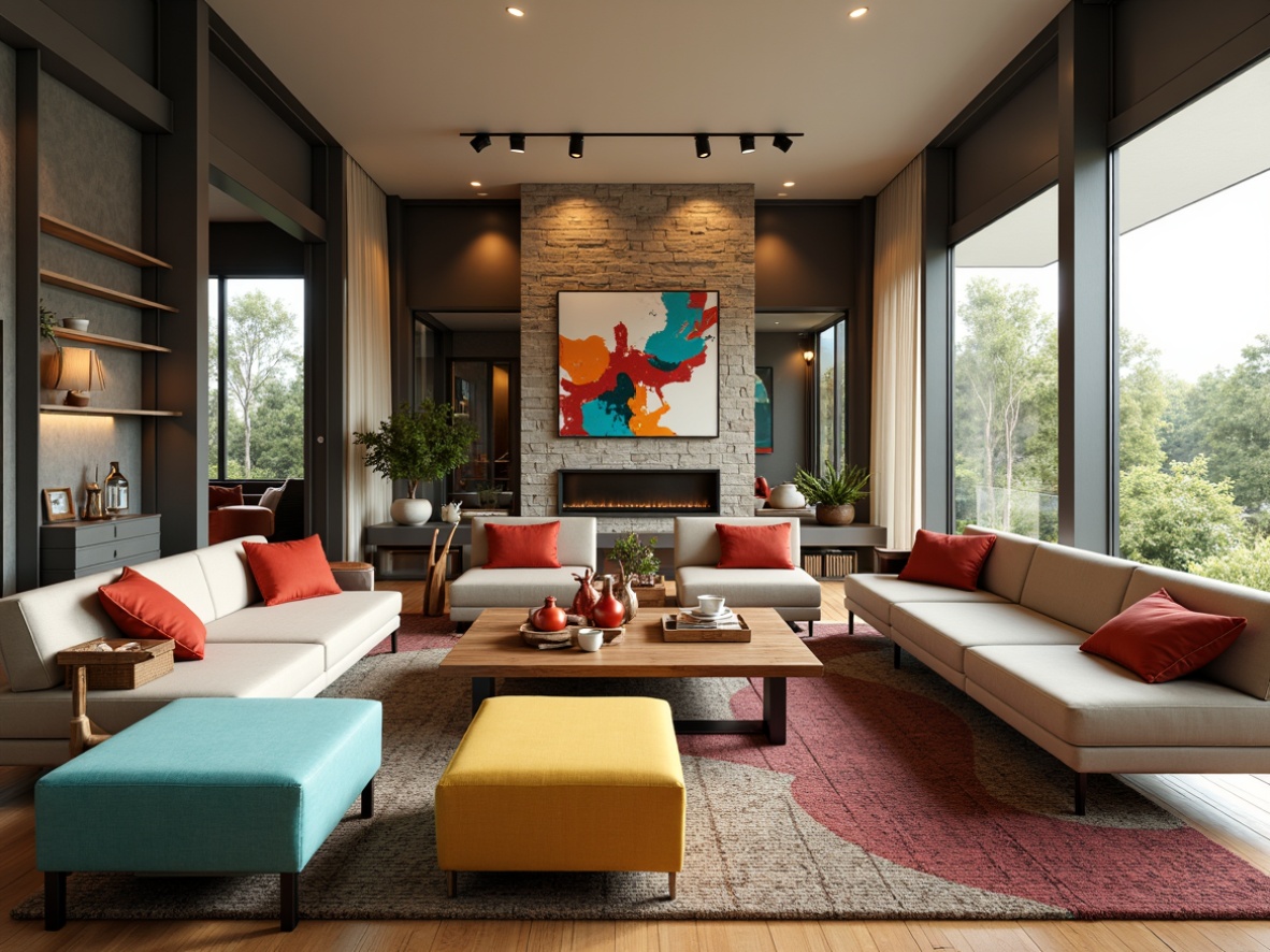 Prompt: Vibrant living room, bold color accents, turquoise throw pillows, yellow ottoman, coral red vases, abstract artwork, geometric patterns, textured rug, wooden coffee table, sleek metal legs, natural stone walls, floor-to-ceiling windows, soft warm lighting, shallow depth of field, 3/4 composition, panoramic view, realistic textures, ambient occlusion.