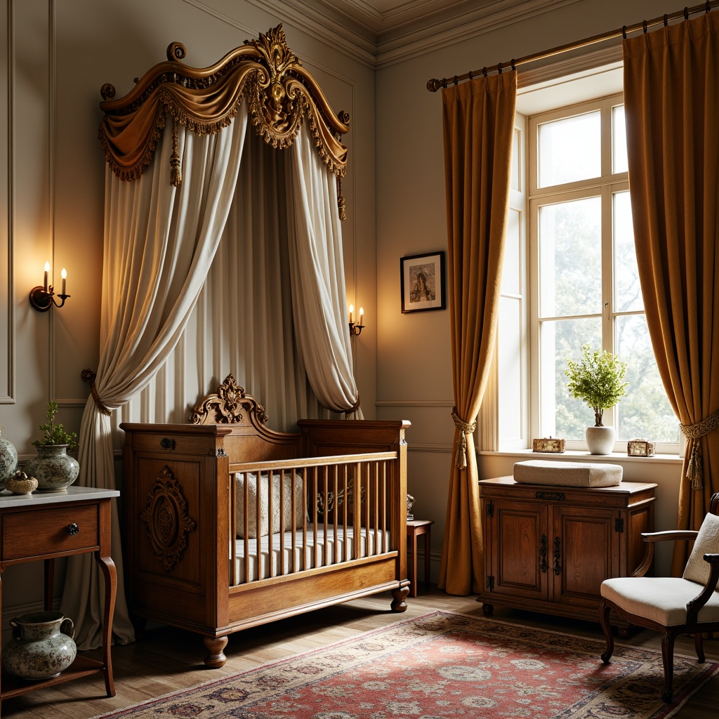 Prompt: Renaissance-style baby room, ornate wooden crib, intricately carved changing table, plush velvet drapes, golden accents, soft cream-colored walls, antique furniture pieces, distressed wood finishes, luxurious fabrics, richly patterned rugs, delicate porcelain vases, warm candlelight, gentle morning light, 1/2 composition, intimate atmosphere, realistic textures, subtle depth of field.