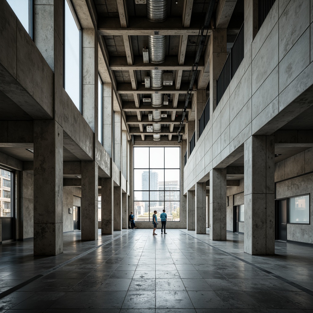 Prompt: Gritty high school building, raw concrete walls, brutalist architecture, industrial metal beams, exposed ductwork, polished concrete floors, minimalist classrooms, modern educational facilities, natural light pouring in, dramatic shading, bold angular lines, rugged textures, urban cityscape background, overcast sky, diffused soft lighting, shallow depth of field, 1/2 composition, cinematic view, realistic reflections, ambient occlusion.