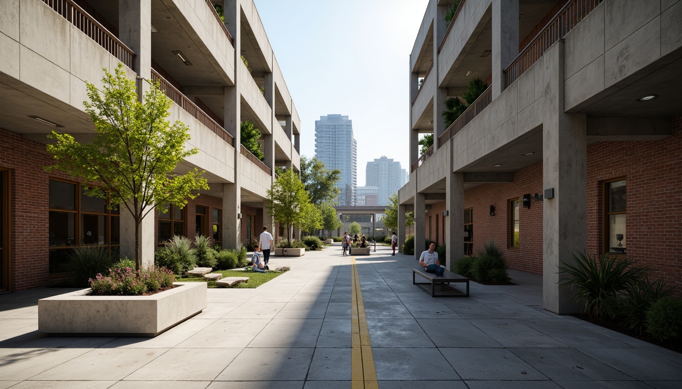 Prompt: Gritty high school courtyard, exposed concrete walls, industrial-style steel beams, raw brick facades, brutalist architectural elements, minimalist landscaping, sparse greenery, urban cityscape views, modern educational signage, functional outdoor furniture, weathered metal benches, poured concrete floors, dramatic natural light, deep shadows, atmospheric misting system, cinematic wide-angle shot, 2/3 composition, realistic textures, ambient occlusion.