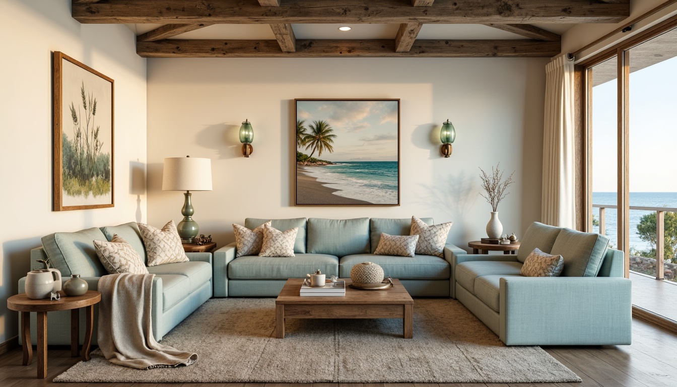 Prompt: Coastal themed living room, soft creamy walls, weathered wood accents, natural fiber textiles, driftwood decorative pieces, ocean-inspired artwork, calm seaside atmosphere, warm golden lighting, pendant lamps with nautical ropes, rustic metal sconces, linen shade table lamps, glass pendant lights in seafoam green, distressed wooden ceiling beams, plush area rugs in sandy neutrals, comfortable sectional sofas in light blue upholstery, coral patterned throw pillows, vintage nautical instruments as decorative accents, large windows with ocean views, subtle coastal scents, airy feel, 1/1 composition, soft warm lighting, realistic textures.