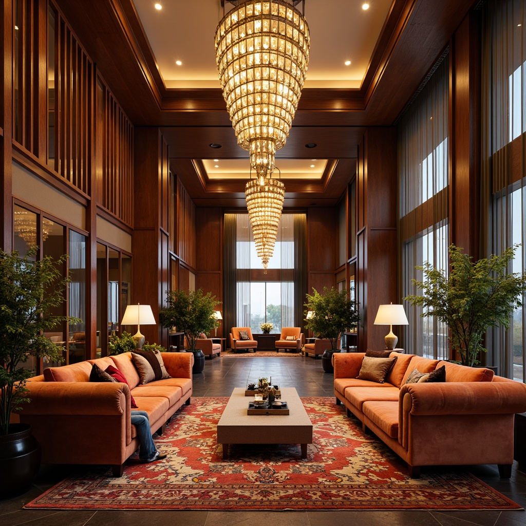 Prompt: Luxurious hotel lobby, grand chandelier, elegant velvet sofas, rich wood accents, plush area rugs, sophisticated drapery, vibrant patterned fabrics, comfortable upholstery, durable contract furniture, inviting ambiance, warm hospitality lighting, soft focus photography, shallow depth of field, 1/1 composition, realistic textures, ambient occlusion.