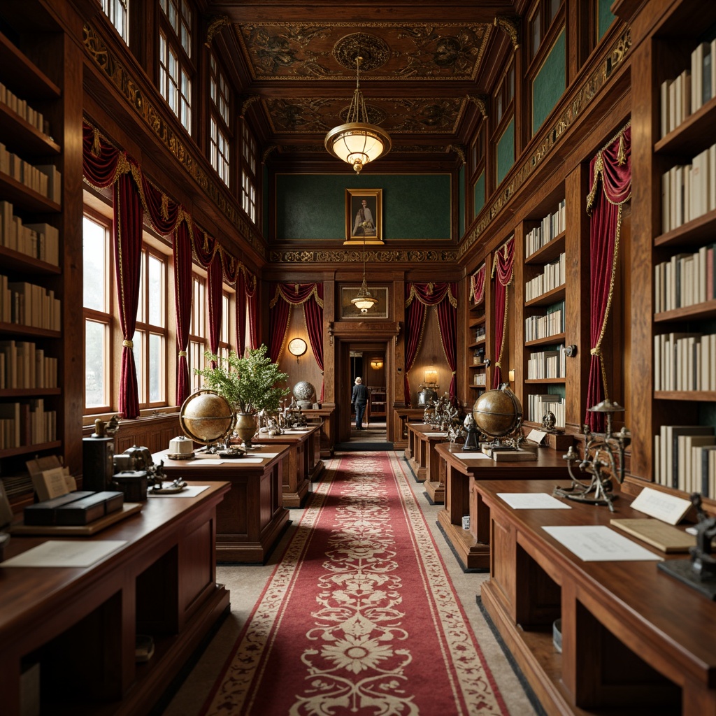 Prompt: Ornate Victorian-era science center, rich wood tones, intricately carved wooden cabinets, polished brass fixtures, vintage scientific instruments, distressed leather-bound books, antique globe displays, velvet drapes, ornamental floral patterns, warm golden lighting, shallow depth of field, 1/1 composition, realistic textures, ambient occlusion.