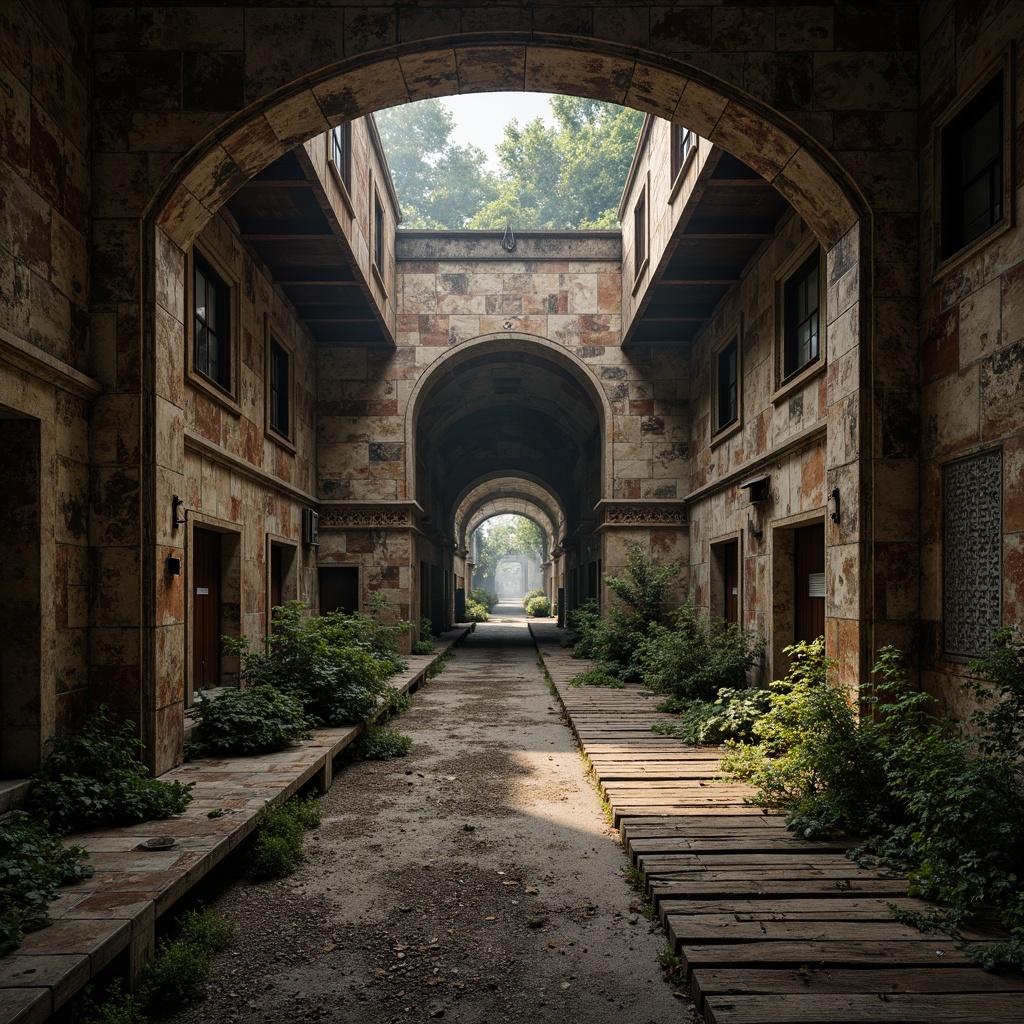 Prompt: Rustic wooden planks, weathered stone walls, distressed metal sheets, ornate Gothic arches, intricate mosaic patterns, warm ambient lighting, soft focus blur, shallow depth of field, 1/1 composition, realistic textures, ambient occlusion, mysterious atmosphere, ancient architectural style, abandoned industrial setting, overgrown vegetation, misty morning light.