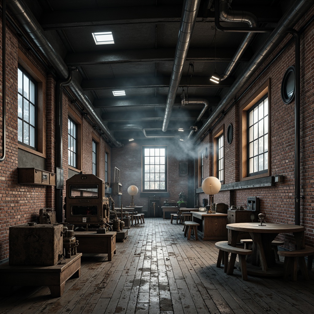 Prompt: Exposed brick walls, metal beams, industrial pipes, reclaimed wood floors, distressed finishes, urban cityscape, gritty textures, moody lighting, atmospheric fog, cinematic composition, dramatic shadows, contrasty colors, abandoned warehouse, rusty machinery, vintage factory equipment, concrete foundations, functional minimalism, utilitarian aesthetic, raw unfinished look, modern industrial chic.