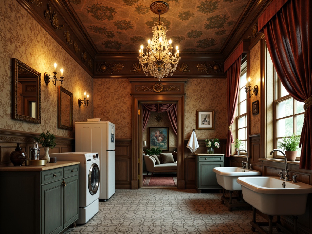 Prompt: Ornate chandeliers, luxurious fabrics, rich wood accents, intricate moldings, vintage washing machines, ornamental faucets, porcelain sinks, elegant cabinetry, distressed finishes, soft warm lighting, shallow depth of field, 1/1 composition, realistic textures, ambient occlusion, Victorian-era inspired patterns, lavish curtains, decorative tile work, antique bronze fixtures, subtle color palette, sophisticated ambiance.