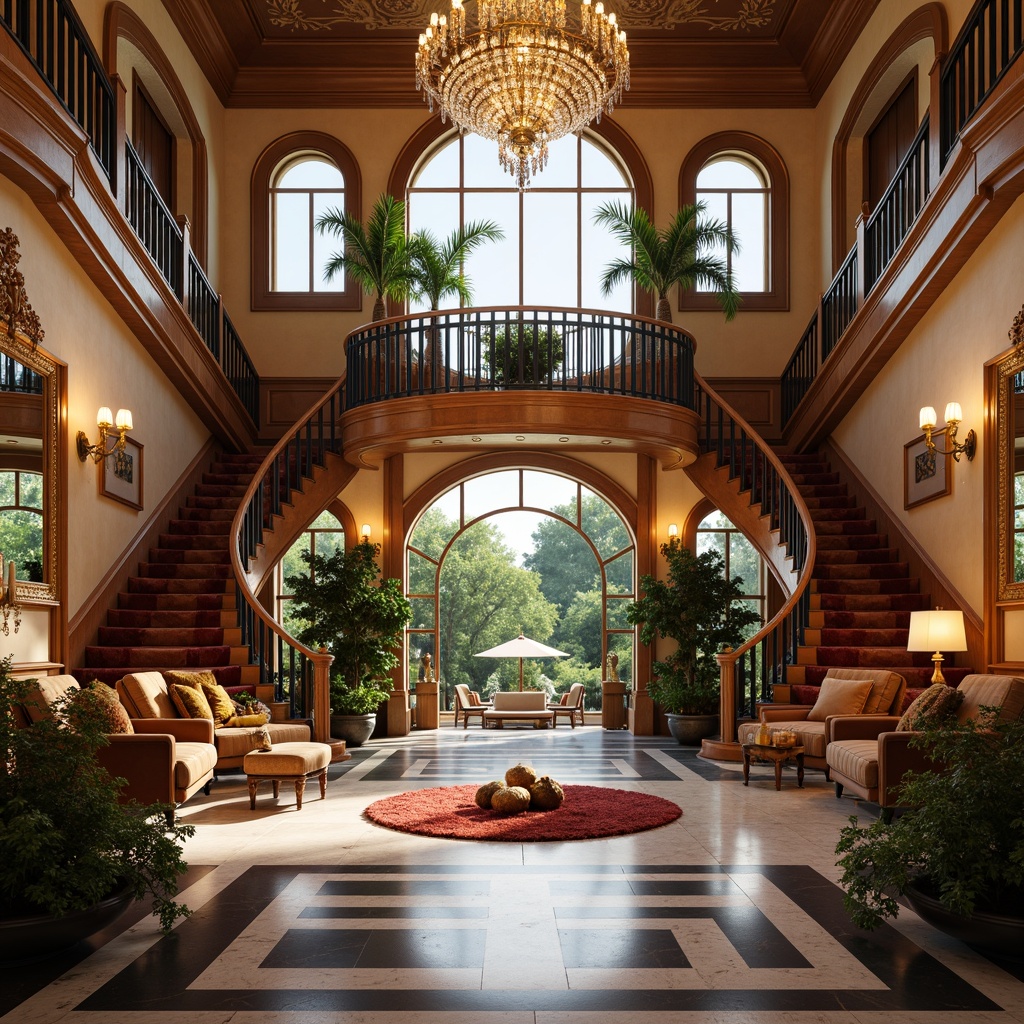 Prompt: Ornate luxury villa, grand entrance, sweeping staircases, crystal chandeliers, marble flooring, intricately carved wooden doors, lavish furnishings, rich velvet fabrics, golden accents, ornamental mirrors, delicate vases, exotic plants, elegant curves, soft warm lighting, shallow depth of field, 1/1 composition, realistic textures, ambient occlusion.